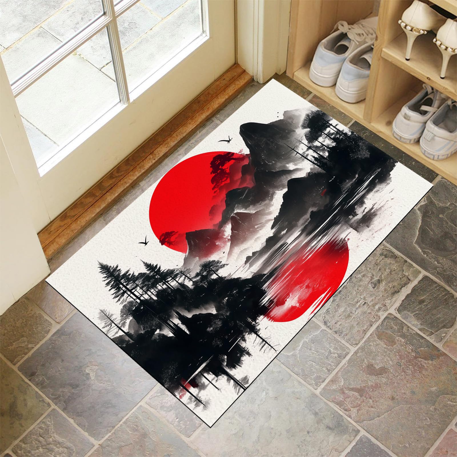 Tapis de porte 50x80cm robuste et imperméable avec design élégant paysage à l'encre