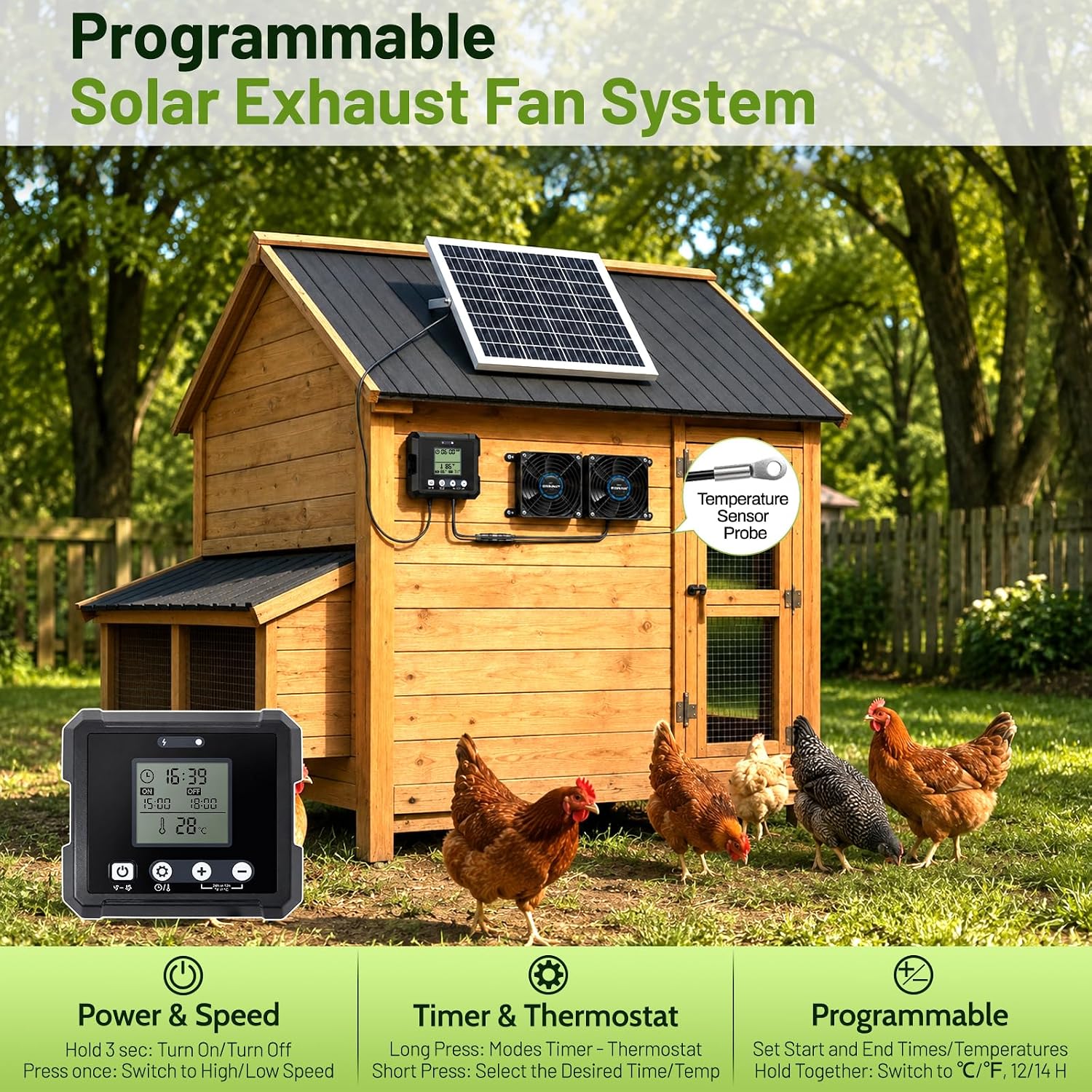 25W Solar Exhaust Fan for Chicken Coop, Smart Solar Powered Dual Vent Fans