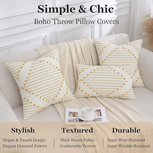 Miniatura 7 de Mecatny Juego de 2 fundas de almohada bohemias de color amarillo y blanco de 12 x 20 pulgadas, fundas de almohada lumbar de granja para sofá, sala