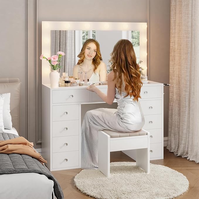 Vanity Desk with Power Outlet, 11 Drawers Makeup Vanity with Mirror and 12 LED Lights, 3 Lighting Modes, Glass Top Vanity Set, Dressing Table for Bedroom