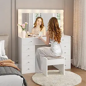 Vanity Desk with Power Outlet, 11 Drawers Makeup Vanity with Mirror and 12 LED Lights, 3 Lighting Modes, Glass Top Vanity Set, Dressing Table for Bedroom