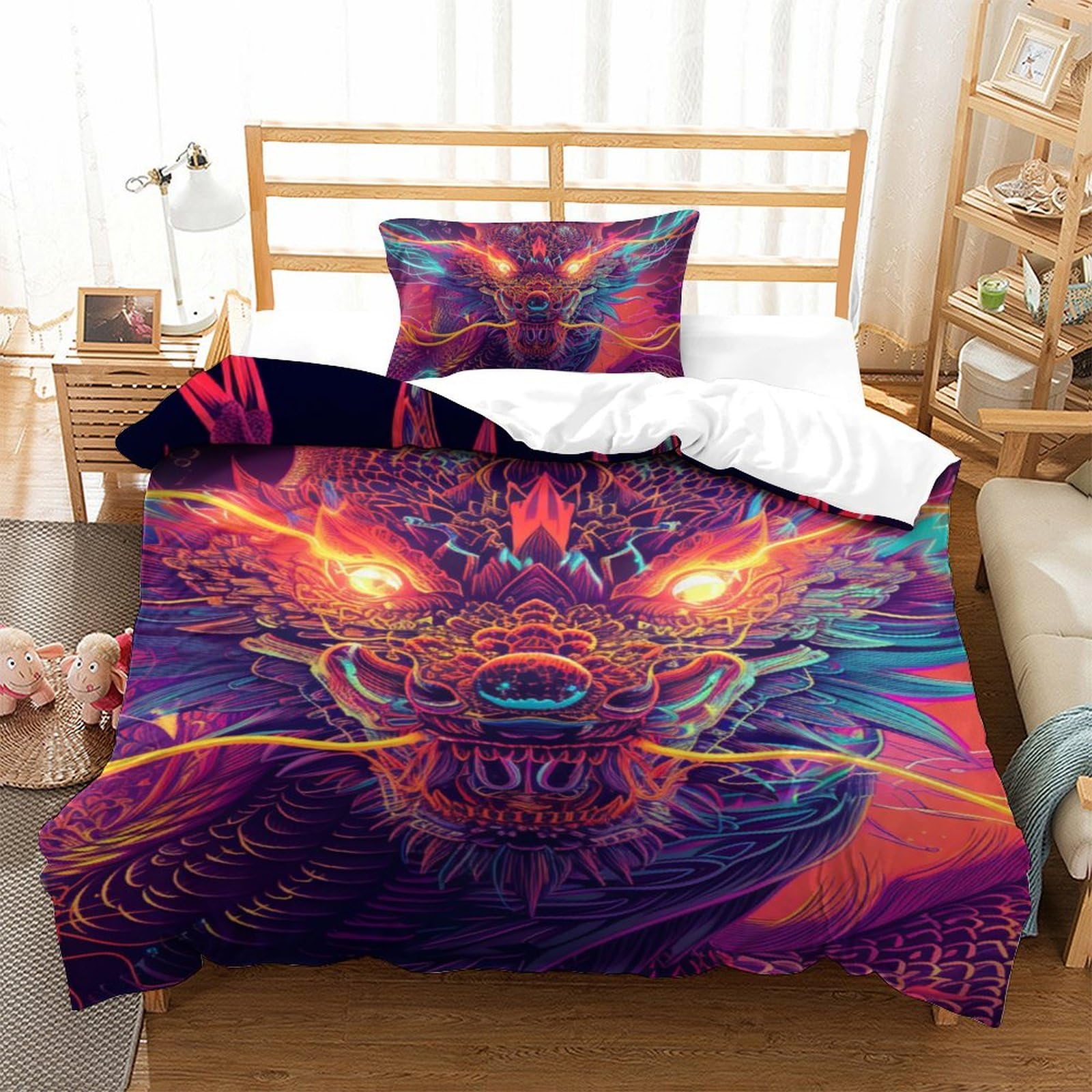 Housse de couette dragon 135x200 cm avec 2 taies d'oreiller pour lit simple