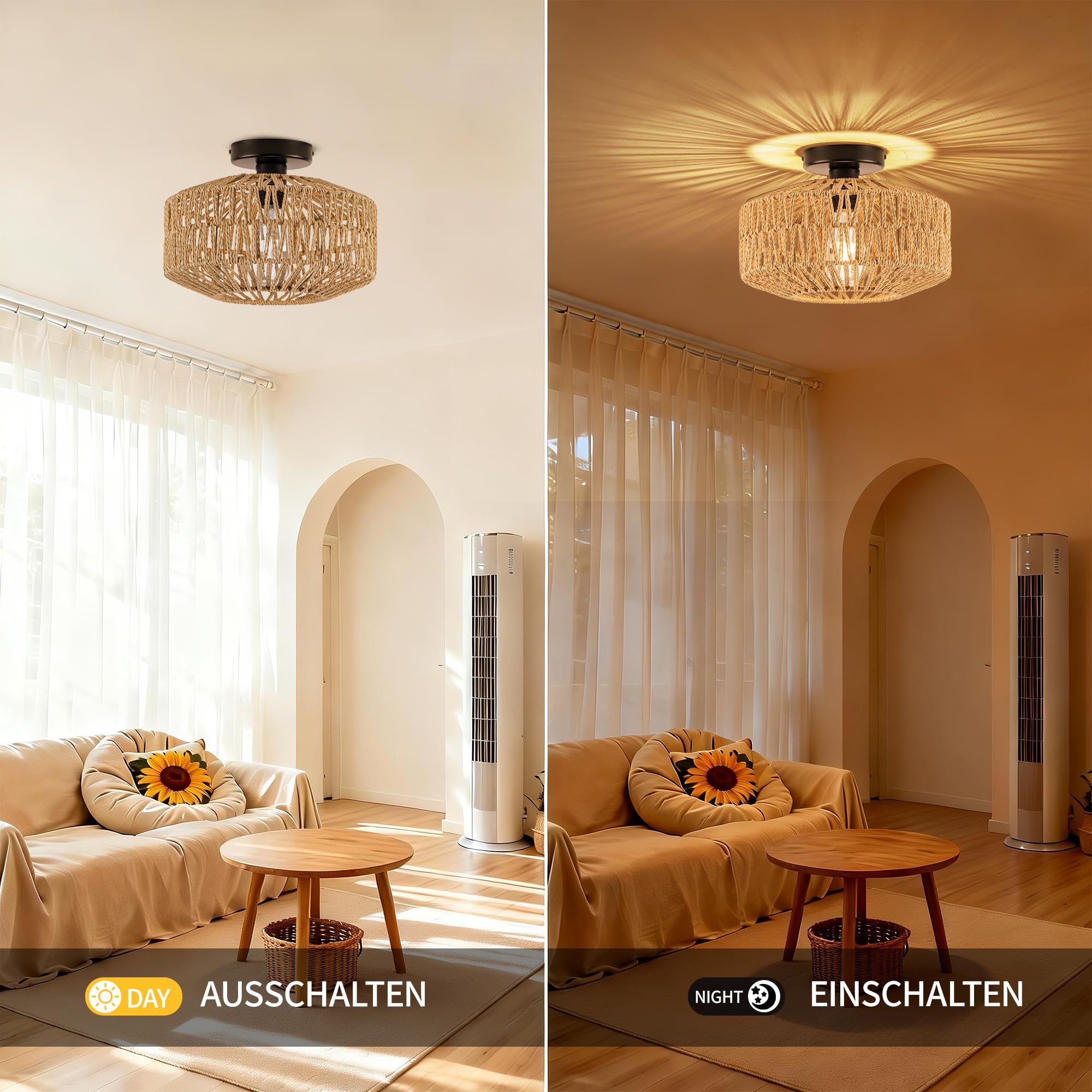 Boho Deckenleuchte Laternenform Ø30 cm Rattan Optik Metall, 800 Lumen Warmweiß (2700K), Vintage Deckenlampe für Flur Wohnzimmer Schlafzimmer, E27 Fassung inkl. 8W LED [Energieklasse E]
