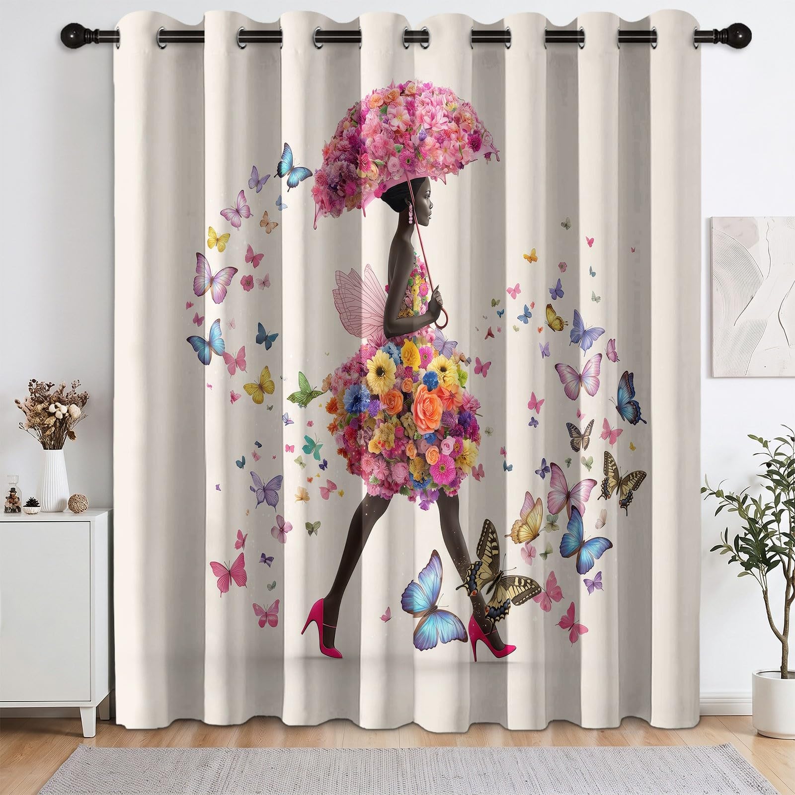 Piękna czarna kobieta motyl kwiatowe zasłony oczka, szer. 140 cm x dł. 260
