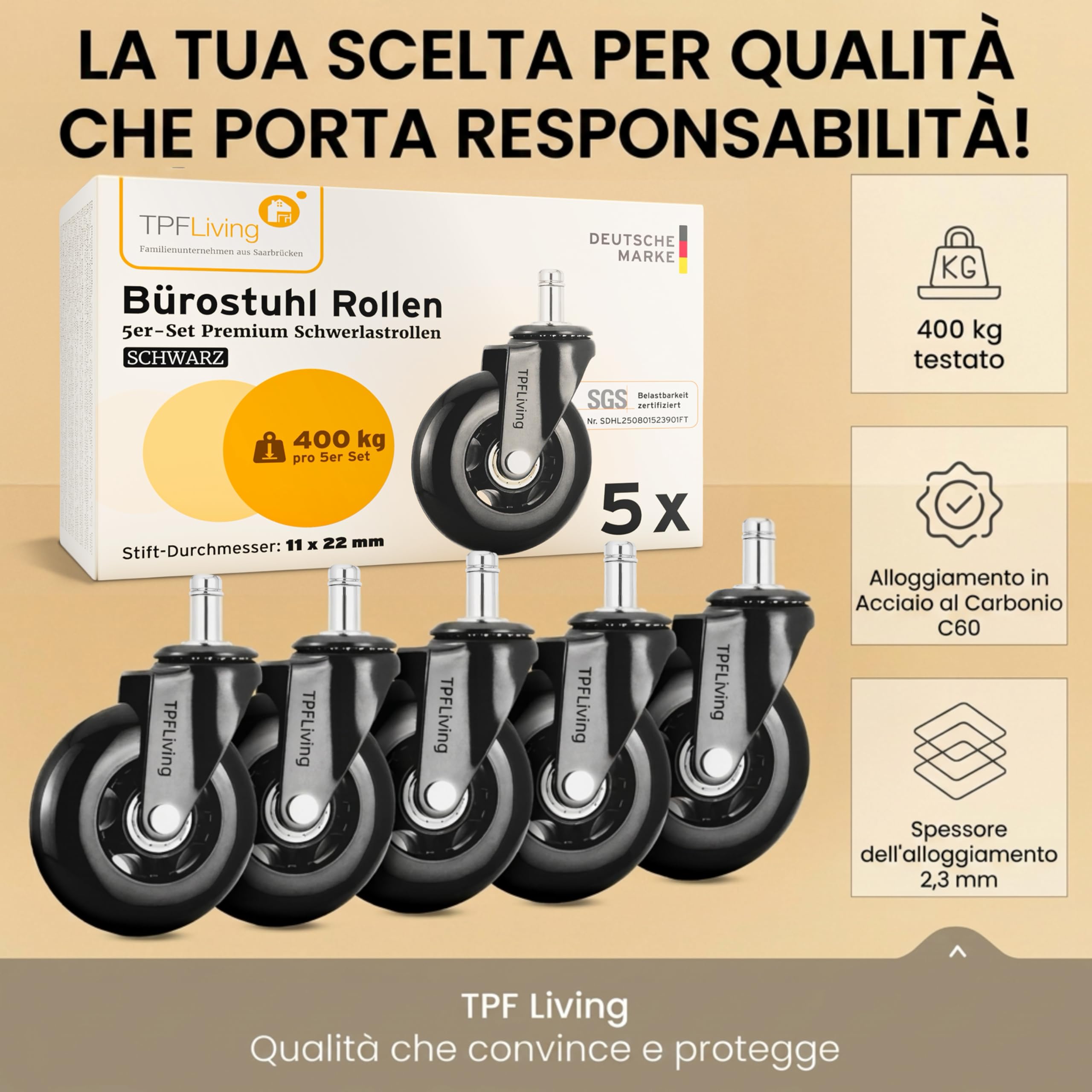 Set premium da ruote sedia ufficio 11 mm x 22 mm – Certificato SGS fino a 400 kg (900 lbs) – Ruote durevoli, silenziose e delicate sui pavimenti – Rotelle per mobili facili da montare