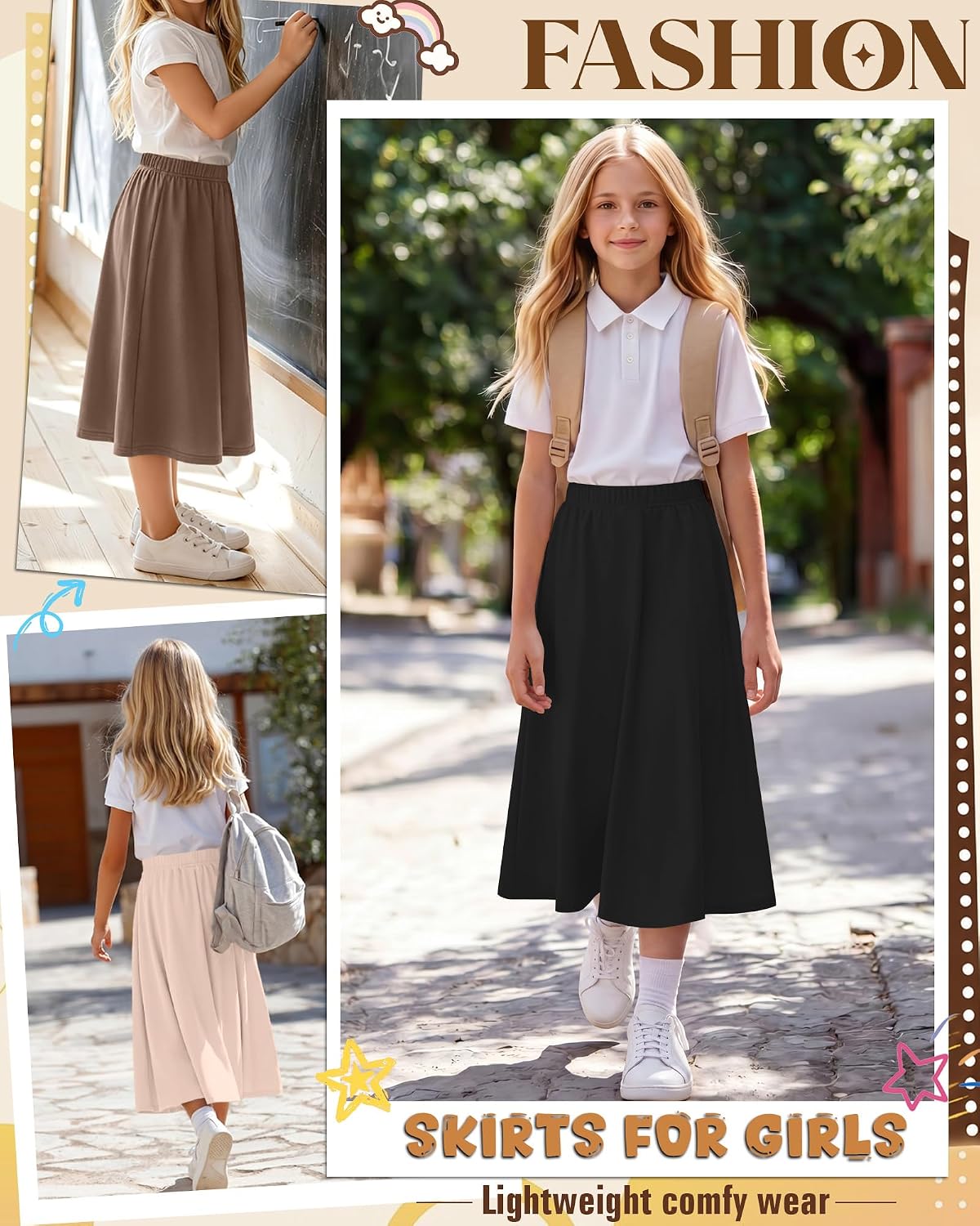 3 Pack Girls Maxi Long Skirts 5-16Y A Line Ankle Length Elastic Waist Knitted Summer Casual School Uniform Skirts