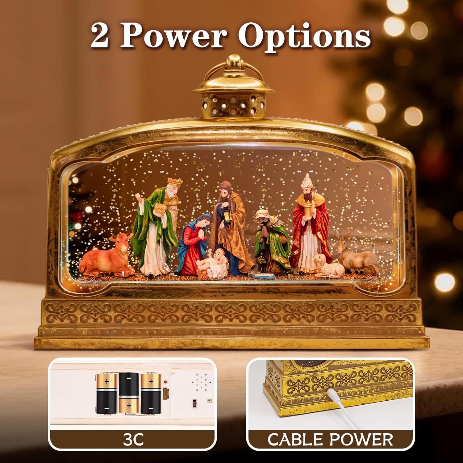 Christmas Snow Globes, 11.4" Nativity Glitter Water Lantern with Song, 6H Timer Battery & USB Powered Music Box for Christmas Decorations Indoor - Image 4