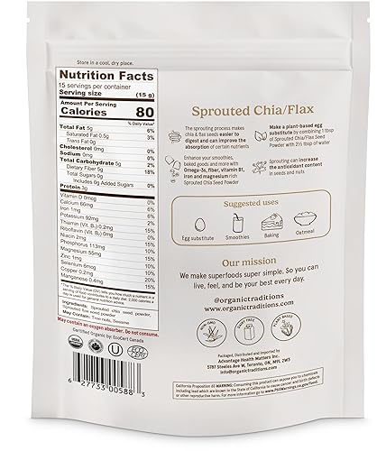 Miniatura 7 de Organic Traditions Chía germinada y semilla de lino en polvo orgánico chía y lino orgánico para superalimento sin OMG a base de plantas, bolsa de