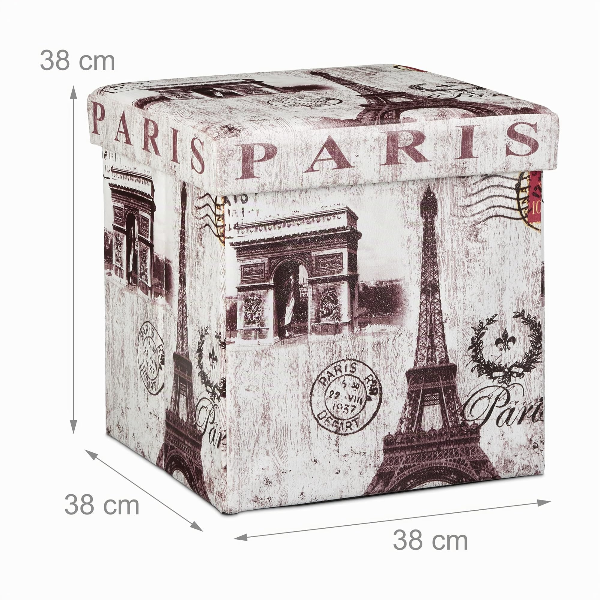Relaxdays Banco Taburete Plegable, Puff Almacenaje, Pel Sintética, 38x38x38 cm, máx. 300 Kg, Diseño París, Multicolor