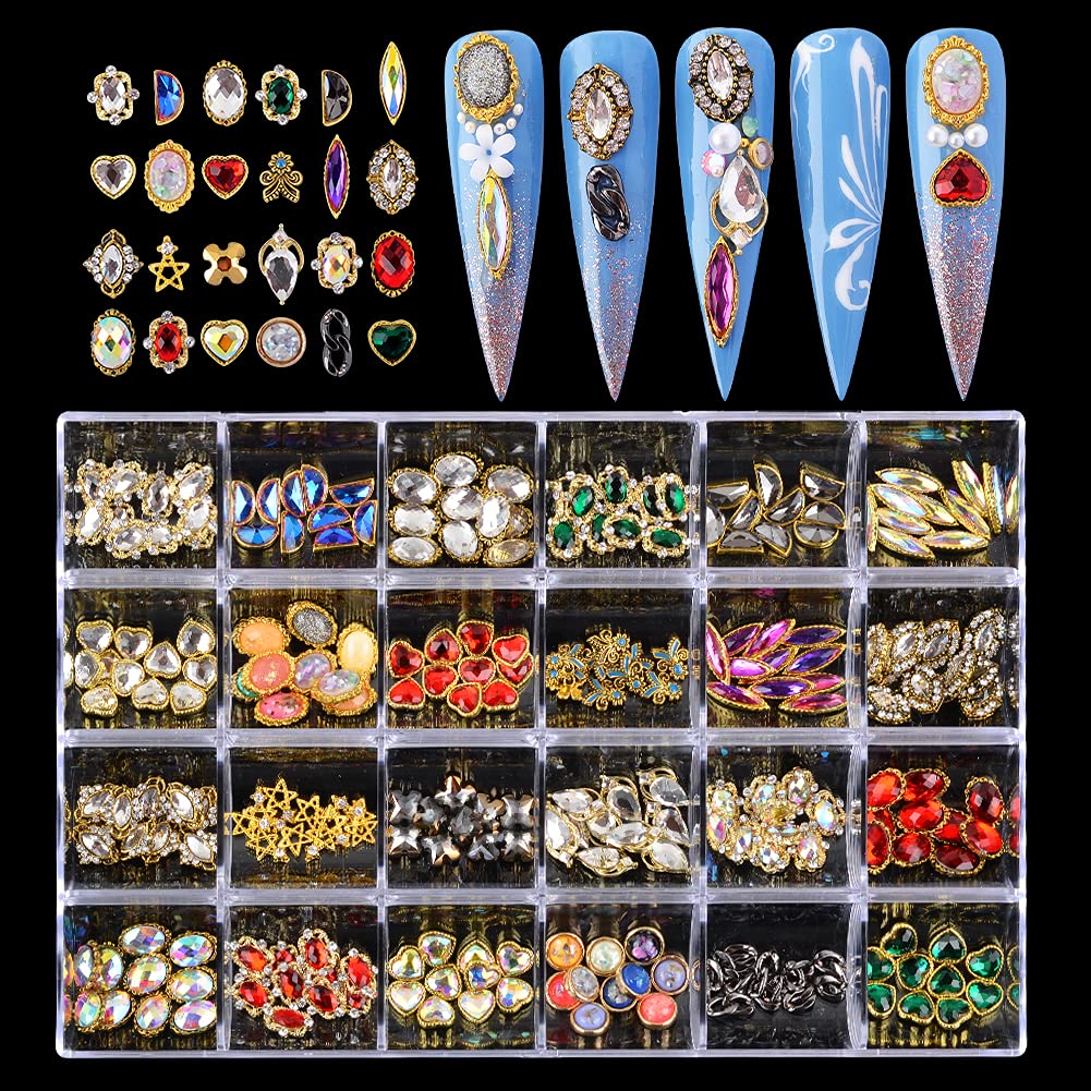 BAIYIYI 3D Nail Charms Rhinestones for Nail Art - 24 Luxury Metal Nail Art Charms 3D Crystals Diamonds Gems Charms Metal Gold Rhinestone for DIY Crafts Nail Design Decorations