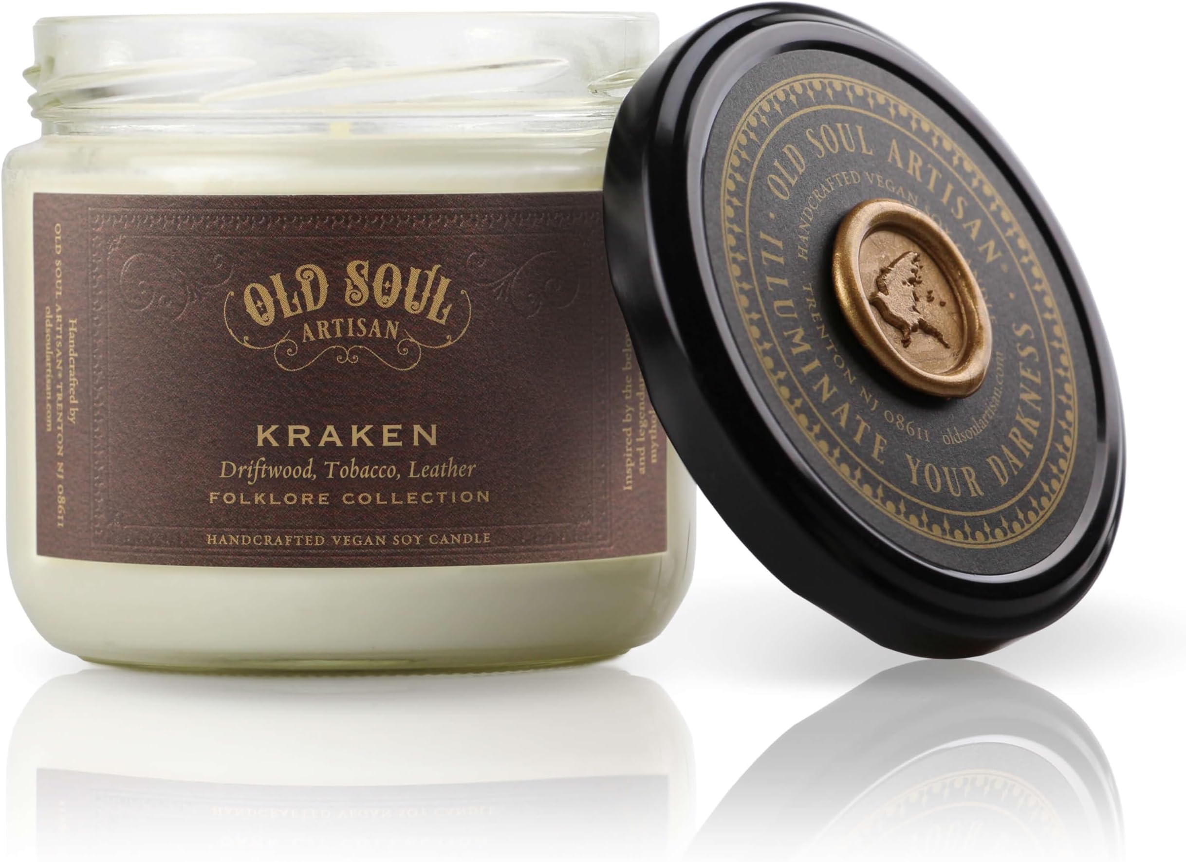 Kraken - Teakwood Driftwood, Tobacco, Leather Scented Soy Candle - Scandinavian Viking Norse Mythology Sea Monster - Nautical Beach Decor Boating Gift - 12oz Vegan