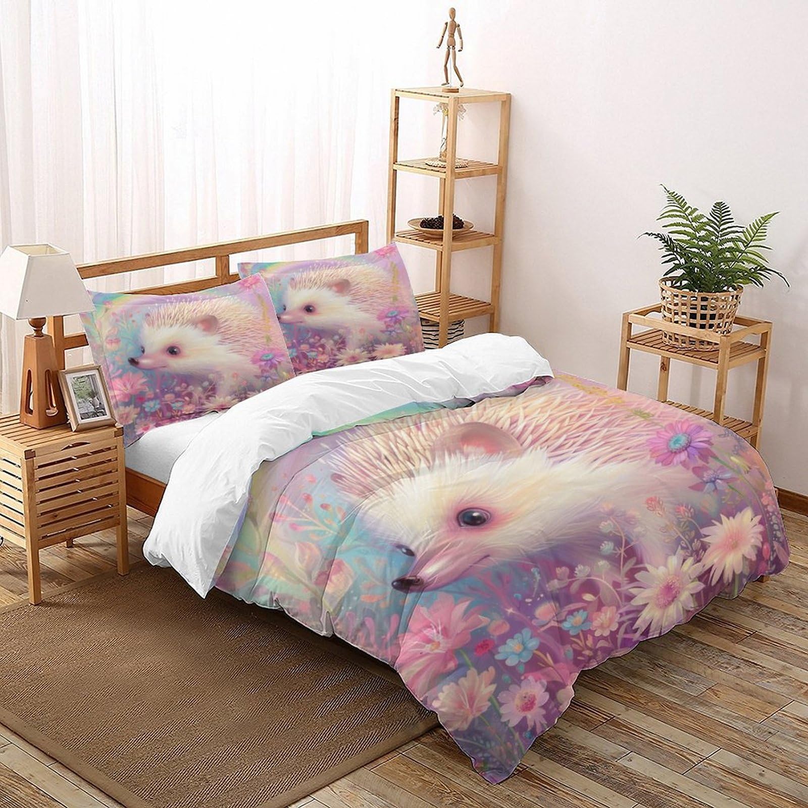 Pink Hedgehog Bedding Set Theme Bedspread Animal Themes Duvet Cover Set Microfiber Quilt Cover Universal for All Seasons Pillowcase Double（200x200cm）