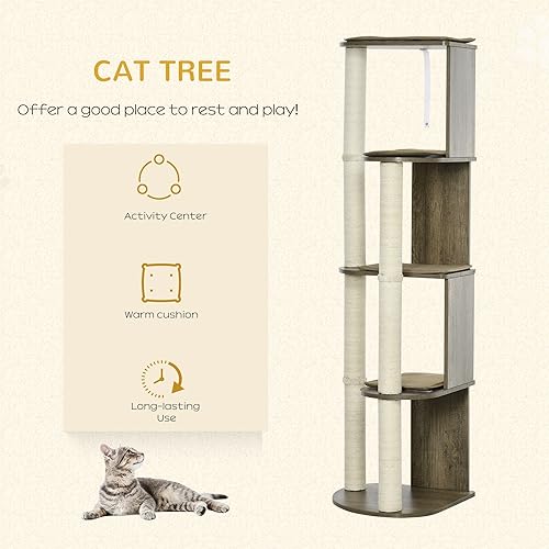 Miniatura 3 de PawHut Árbol moderno de esquina de 65 pulgadas para escalar, torre grande de varios niveles con postes rascadores, torre para gatitos de ajuste