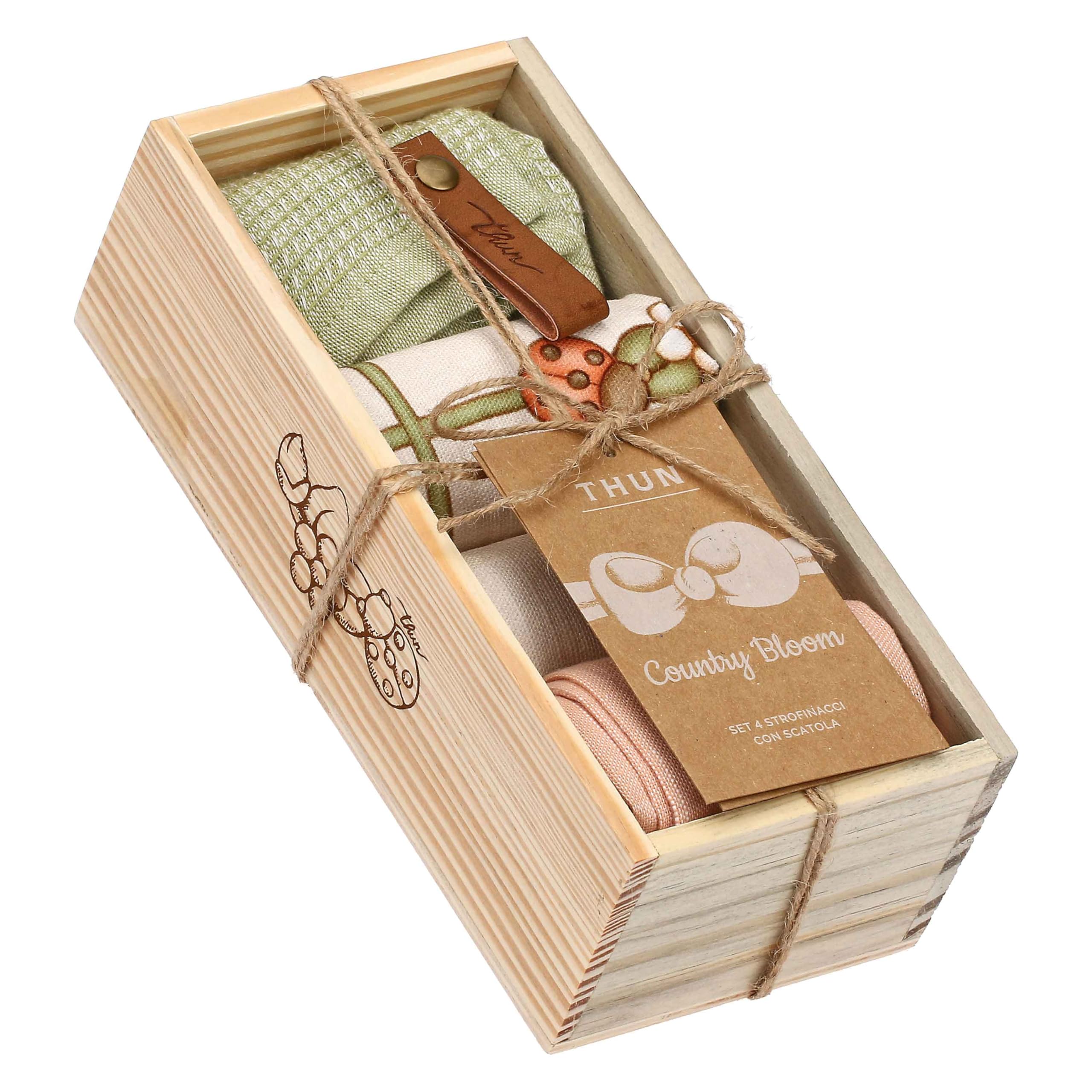 THUN Set 4 strofinacci con scatola in legno, 100% cotone, Collezione Country Bloom, scatola 40 x 60 cm; strofinaccio 60 x 100 cm