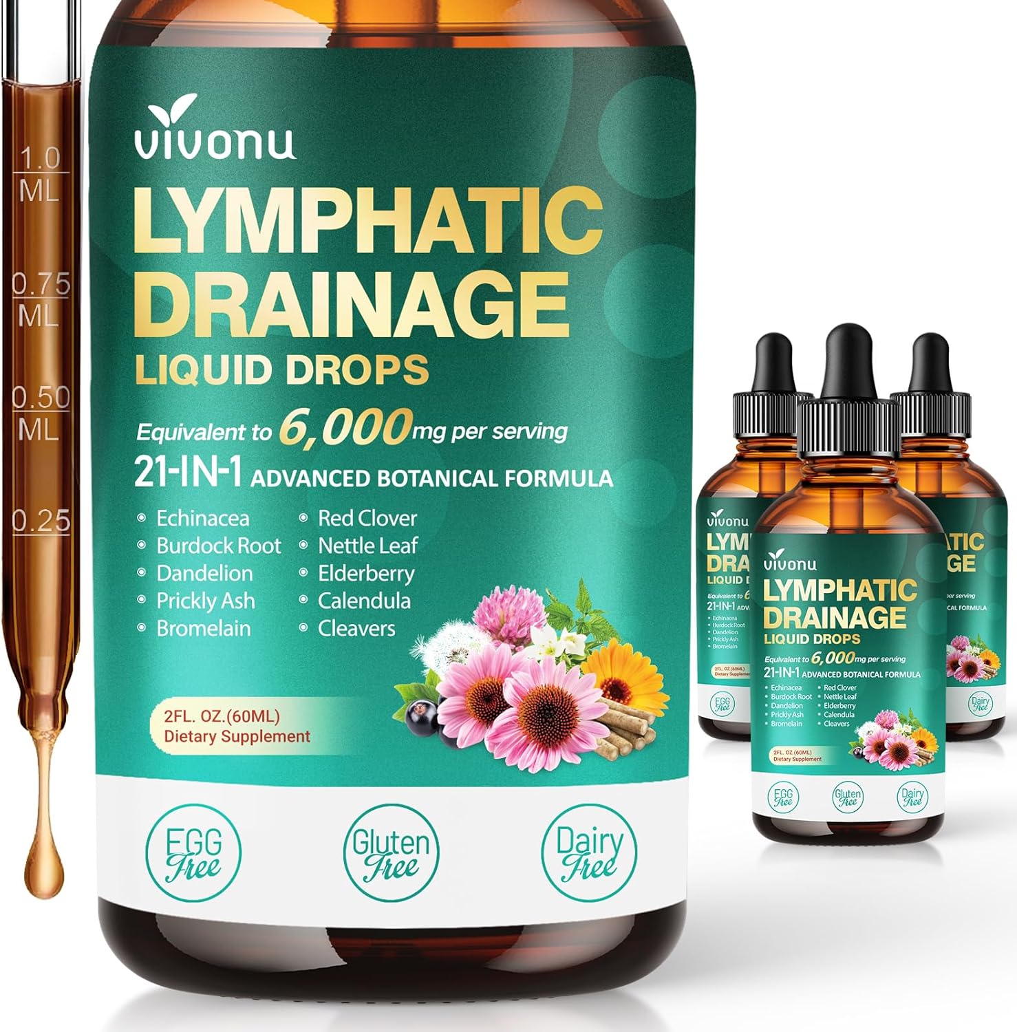 VivoNu 21-in-1 Lymphatic Drainage Drops for Liposomal, 3 Pack