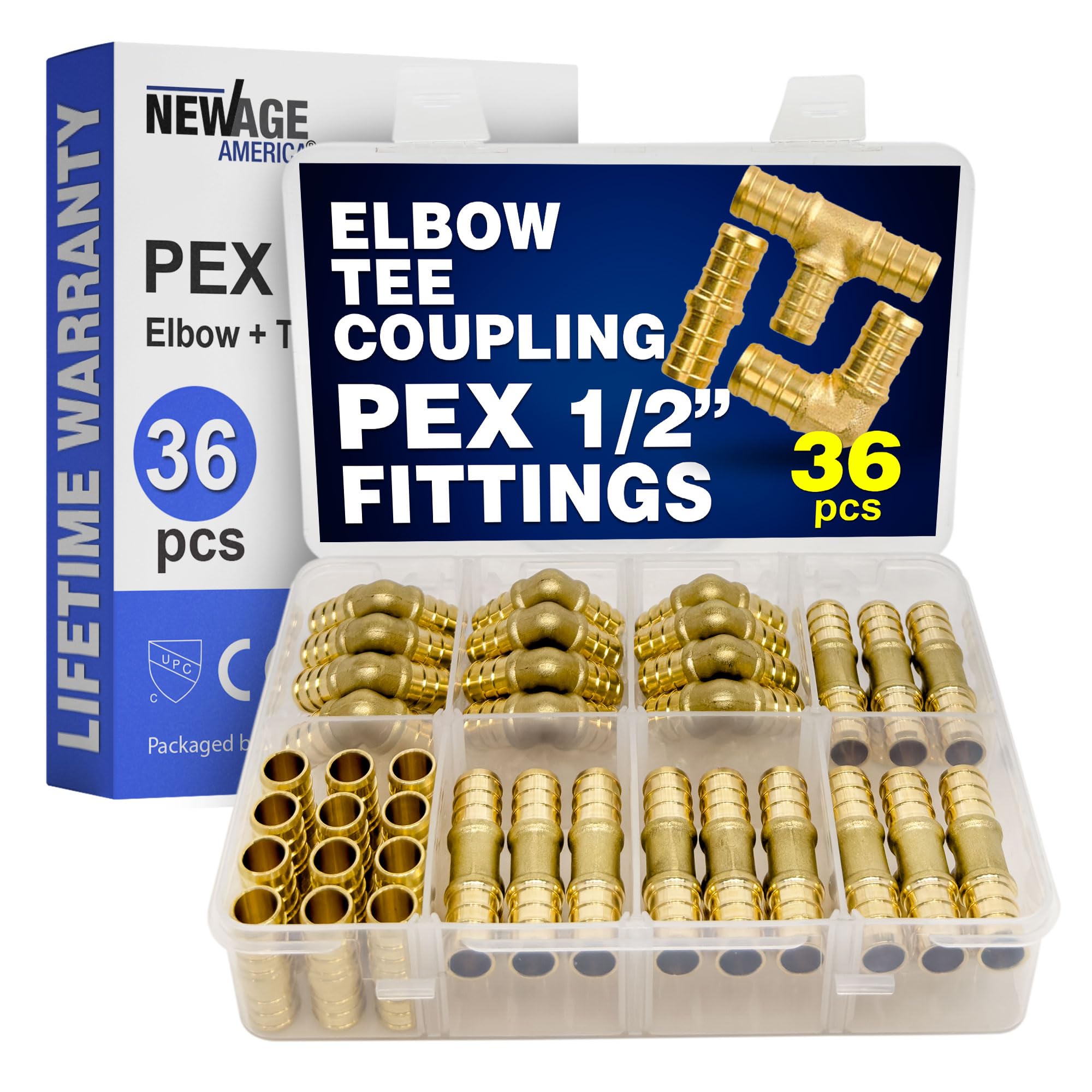 36pcs 1/2" PEX Fittings AquaFlow 360™ | 12 Elbow + 12 Tee + 12 Coupling | 1/2 Inch Brass | Barb PEX Fittings for Pipe | Lead-Free Brass | NSF, UPC, CUPC, ASTM F1807 Certified