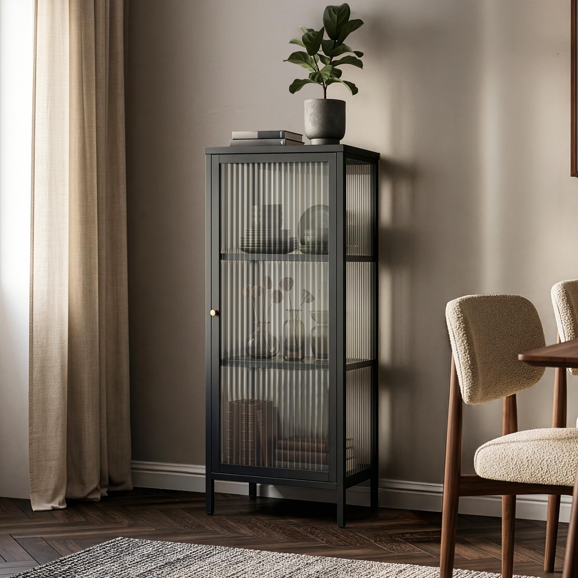 [en.casa] Armadio Vetrina con Anta in Vetro Scanalato Mobile Contenitore Libreria a 3 Ripiani Scomparti Vani Portaoggetti per Soggiorno Sala Studio 100 x 40 x 40 cm - Nero