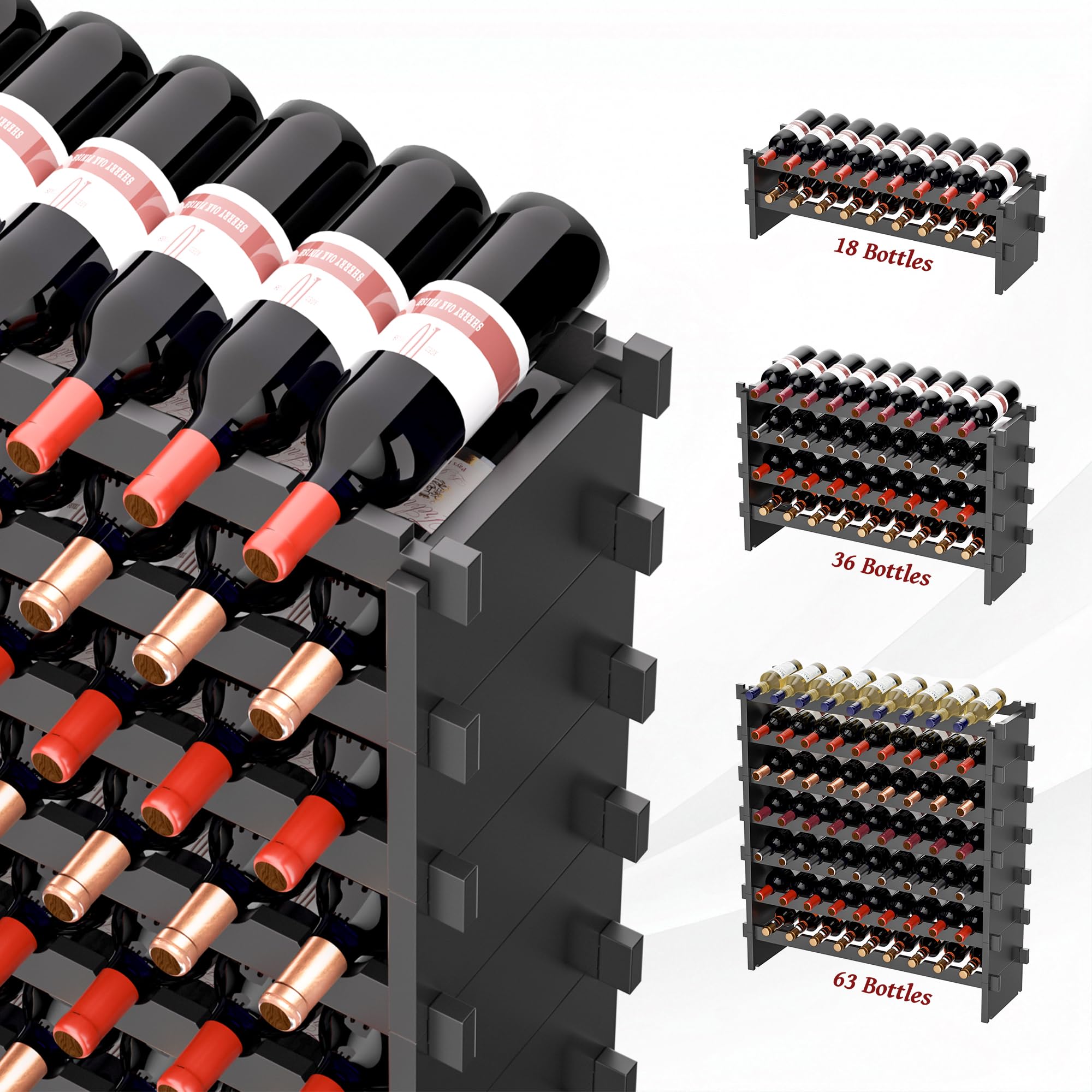 VASMIA Scaffale per Vino in Bambù Impilabile, Autoportante, 72 Bottiglie, Senza Attrezzi, Montaggio a 8 Livelli, per Cucina, Bar, Sala da Pranzo, Cantina, Nero