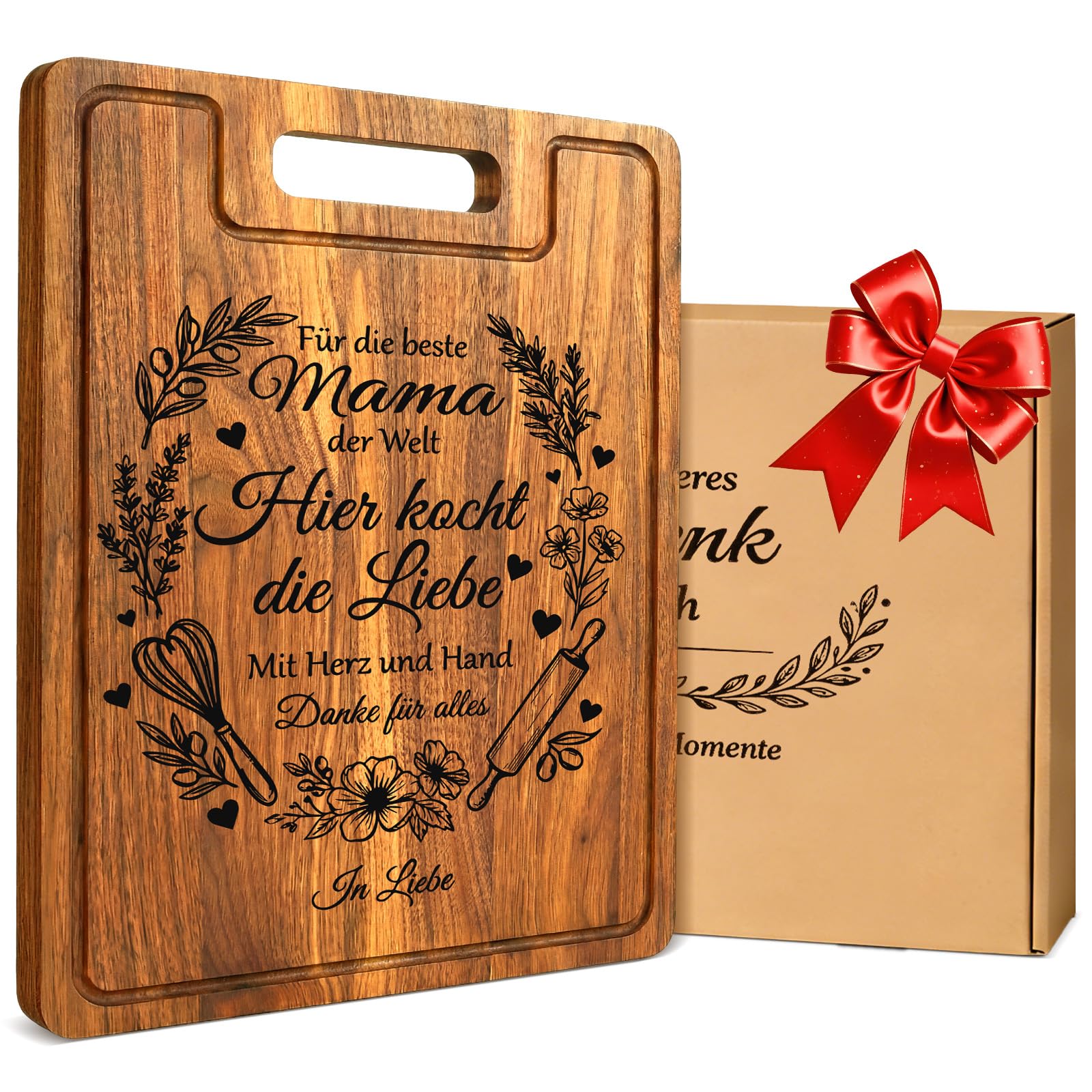 Bafeil Muttertagsgeschenk für Mama - XXL Akazienholz Schneidebrett Dick 2CM mit Saftrille - Geschenk Mama Geburtstag, Edles Geburtstagsgeschenk für Mutter inkl, Geschenkbox & Leinentuch