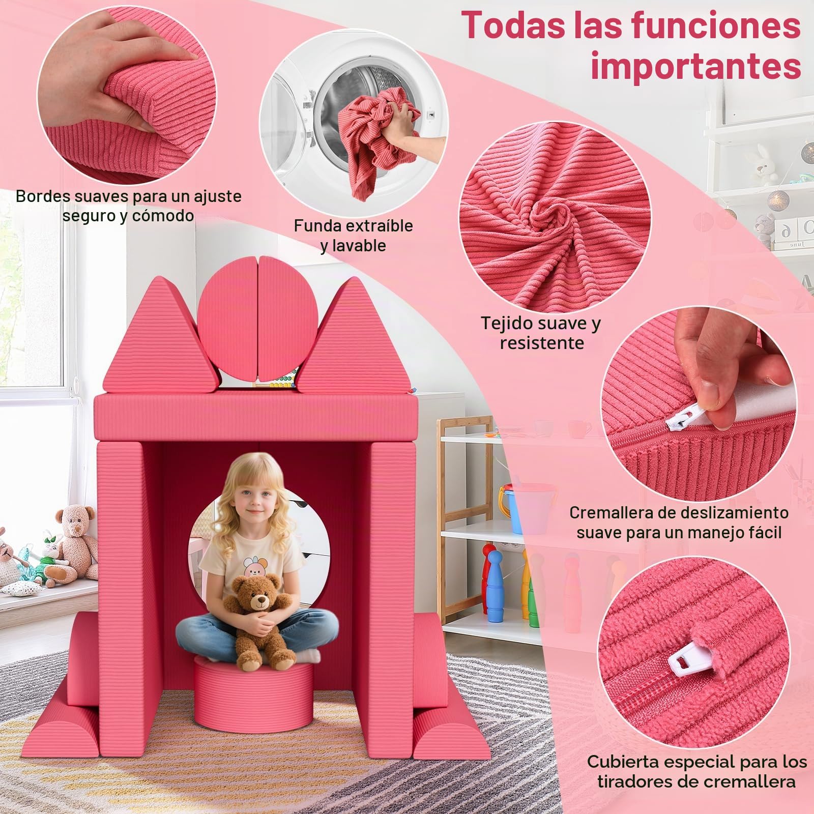MAMIZO Sofá para Niños, 15 Piezas Sofá Modular para Niños, Sofá Infantil Convertible, Sofá de Juegos para niños para Sala de Juegos, Posibilidades de Juego Infinitas, Hecho de Pana (Rosa)