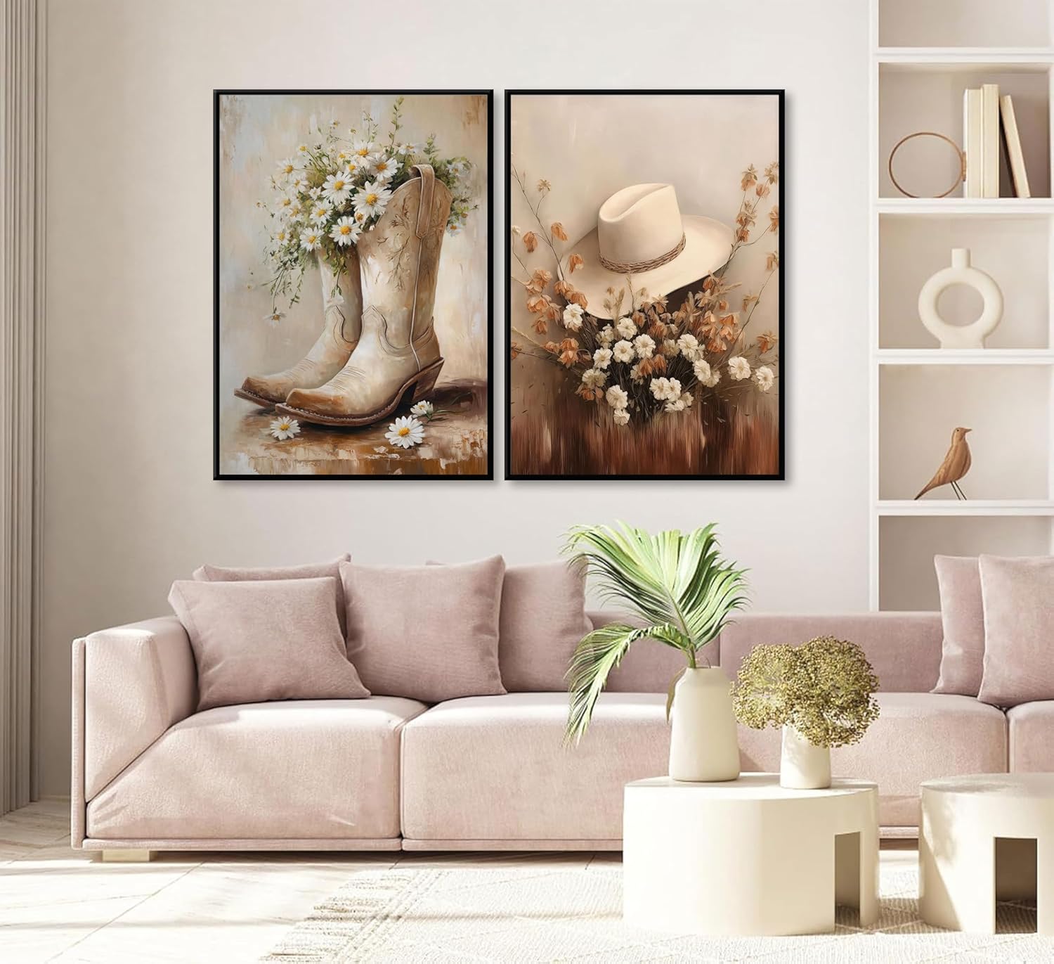 2pcs Vintage Western Cowgirl Canvas Wall Art daisy Cowgirl Boots & Hats Posters Rustic Farmhouse Pictures Trendy Preppy Dorm Room Wall Decor Western Floral Painting Country Style Prints unframe - Image 2