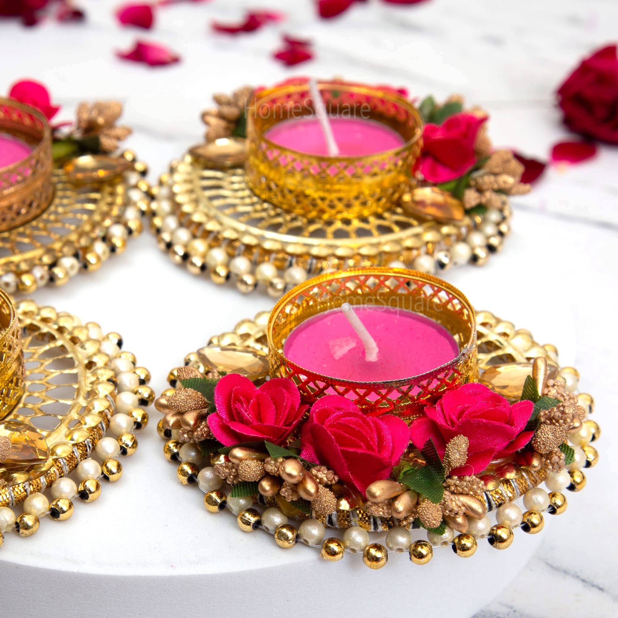 HomeSquare Tealight Holder Decorative Diwali Diya with Artificial Flowers & Tealights - Pack of 2 Tealight Candle Holders (B0BDLWYYKZ) Amazon Price History, Amazon Price Tracker