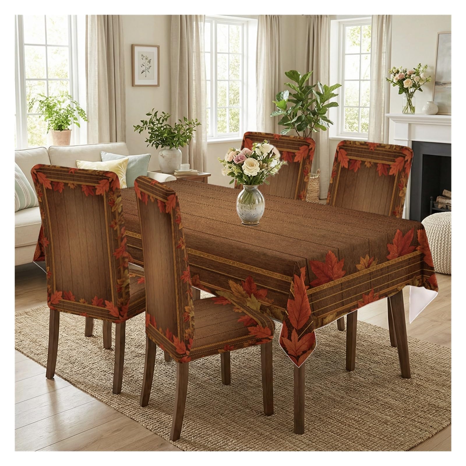 BOSUYBN Stretch Dining Chair Slipcover & Tablecloth Set, Fall Maple Leaf Wooden Print, 5/7 Pack, Autumn Farmhouse Home Decor Table Setting(5pcs Set: Tablecloth+Chair Covers)