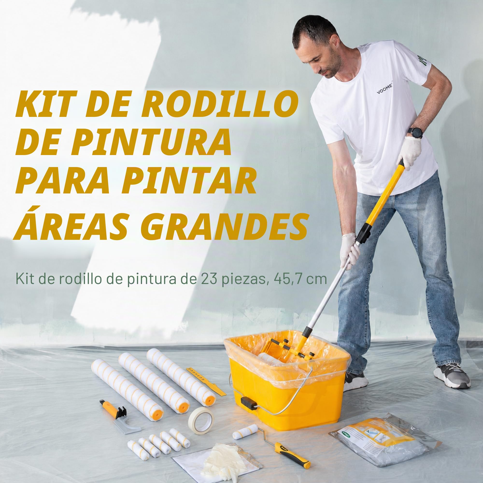 VOOMEY Kit de Rodillo de Pintura de 23 Piezas de 18 Pulgadas, Balde de Pintura de 18", Juego de Rodillos de Pintura Pequeños, Cubiertas de Rodillo de Pintura de Microfibra, Pértiga de Extensión para
