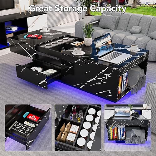 Miniatura 7 de Buenhomino Mesa de centro LED con tapa deslizante extensible de almacenamiento, 43-63 pulgadas, mármol sintético de alto brillo, mesas de café