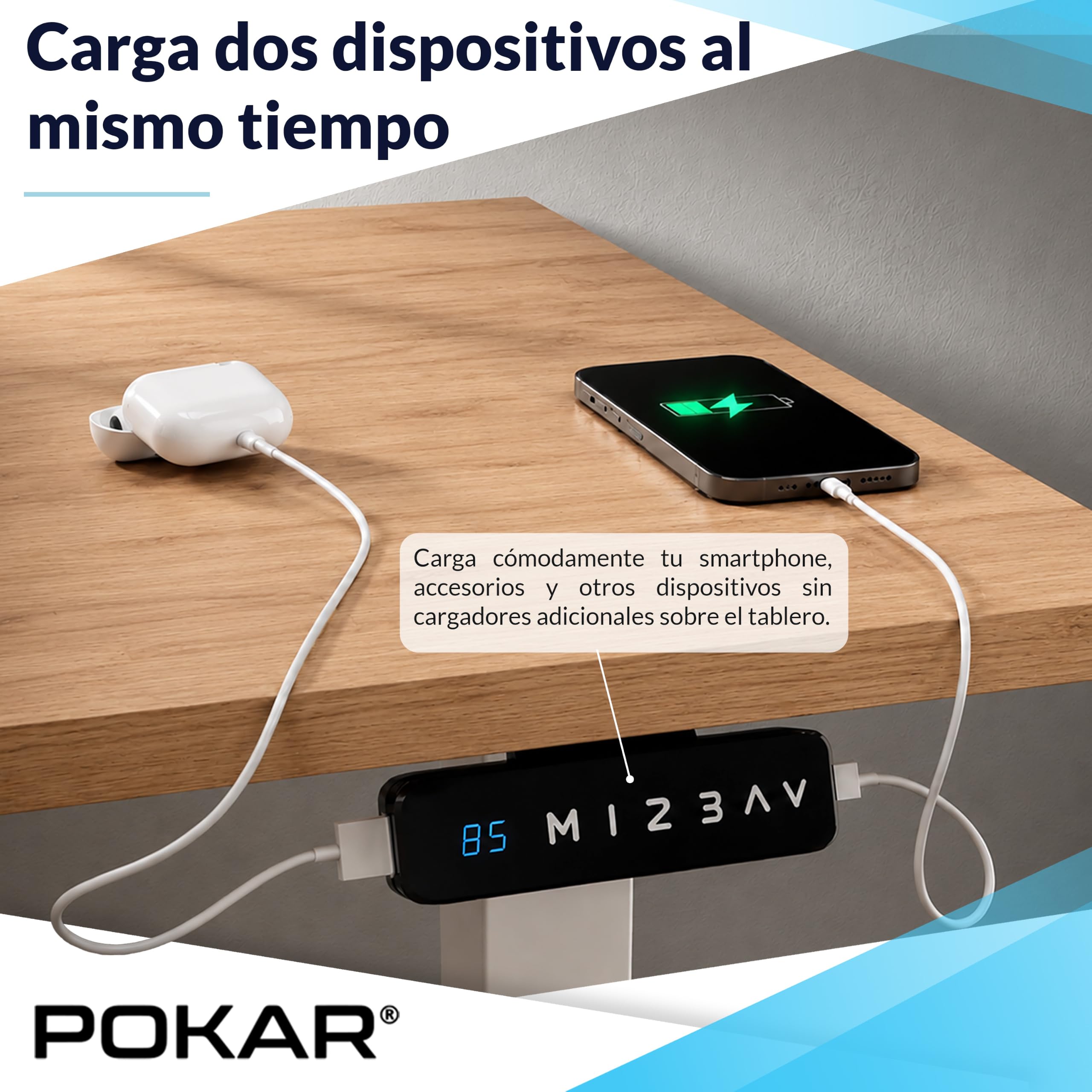 POKAR Escritorio Elevable Eléctrico 120x70 cm | Tablero Macizo 25mm | Panel con Memoria, USB-C y USB-A | Mesa Regulable en Altura para Teletrabajo | Estructura Plateada, Tablero Blanco