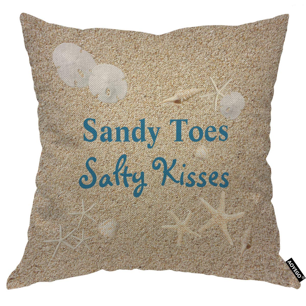 AOYEGO Beach Shell Throw Pillow Cover Sandy Toes Safty Kisses Quote Starfish Sand Nature Sea Beige Pillow Case 18x18 Inch Decorative Men Women Room Cushion Cover for Home Couch Bed