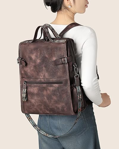 Miniatura 9 de FADEON Mochila de cuero para laptop para mujer, mochila de computadora de viaje de trabajo con compartimento para laptop, Marrón café, Mochilas de