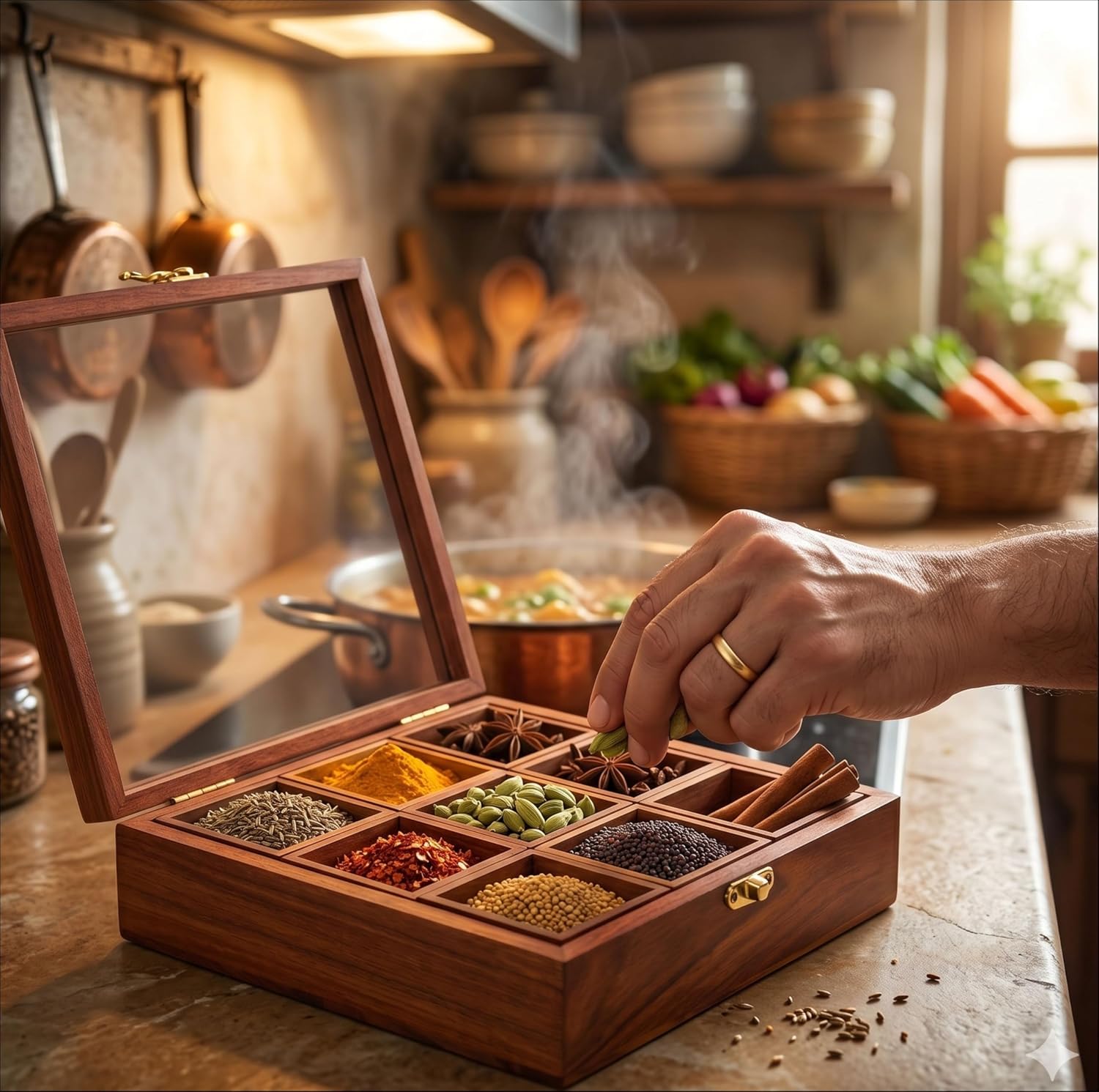 Wooden Spice Box Masala Dabba with Glass Lid 9 Compartments | Multipurpose Kitchen Organizer for Spices Dry Fruits Herbs Storage Container Table Top Utility Box