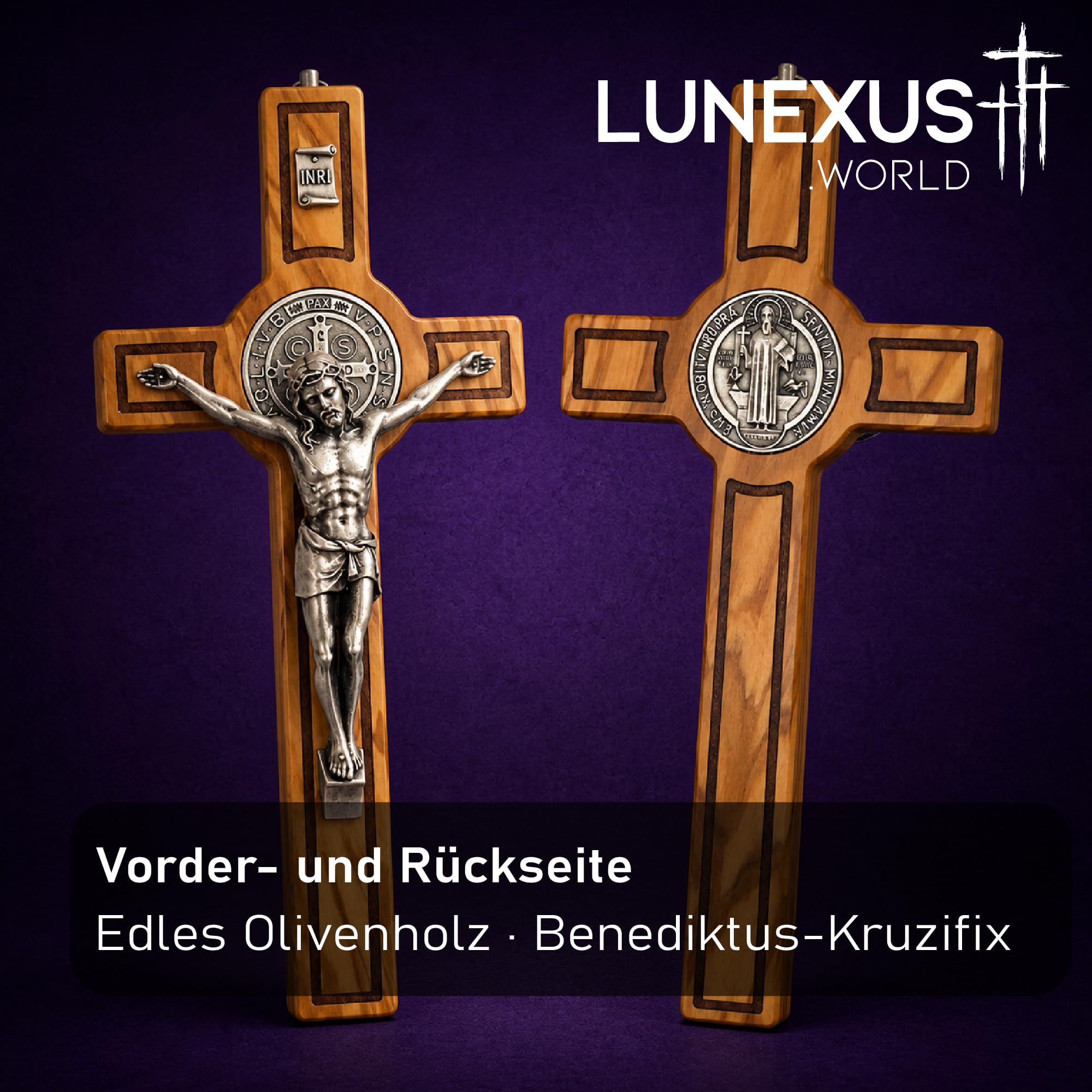Lunexus Krzyż Benedyktyński z Drewna Oliwnego, 28x15 cm, Błogosławiony | Ręcznie wykonany krzyż z drewna oliwnego z Betlejem, 28x15 cm, z medalikiem św. Benedykta i certyfikatem błogosławieństwa.