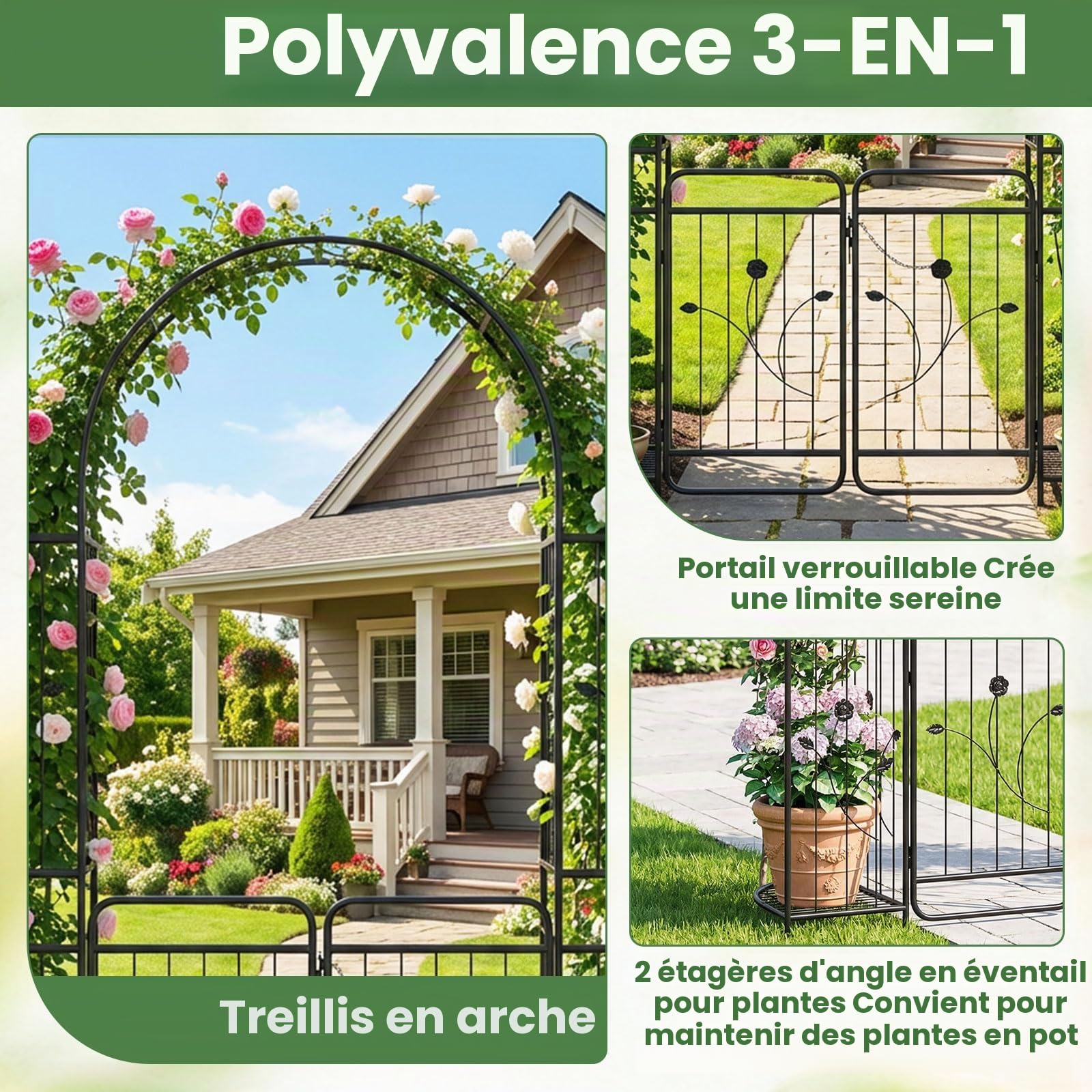 HOMASIS Arche de Jardin Haute avec Porte Verrouillable, Tonnelle Métallique Robuste avec Treillis et Étagères Latérales pour Plantes Grimpantes, pour Mariage, Pelouse (163x50x220cm)