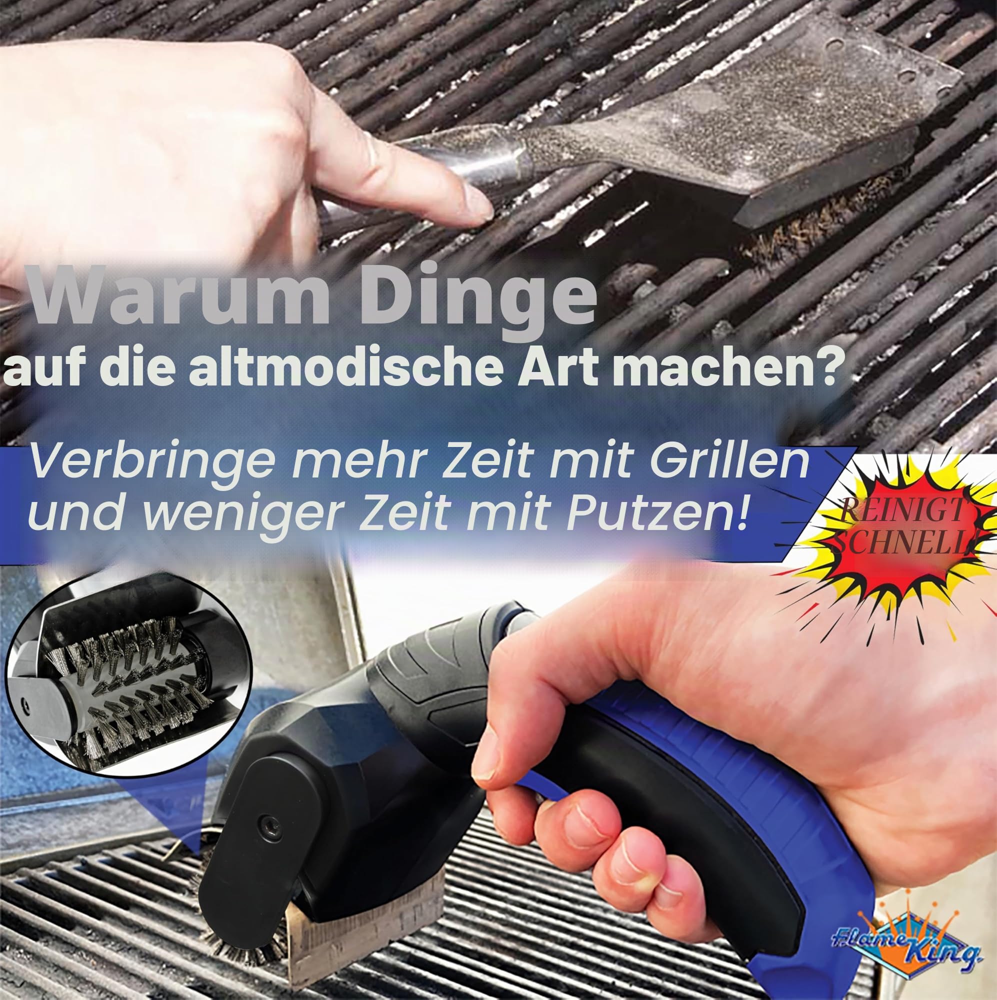 Flame King Elektrische Staubbürste für Grill, kabellos und wiederaufladbar, Edelstahlborsten, Grillarten