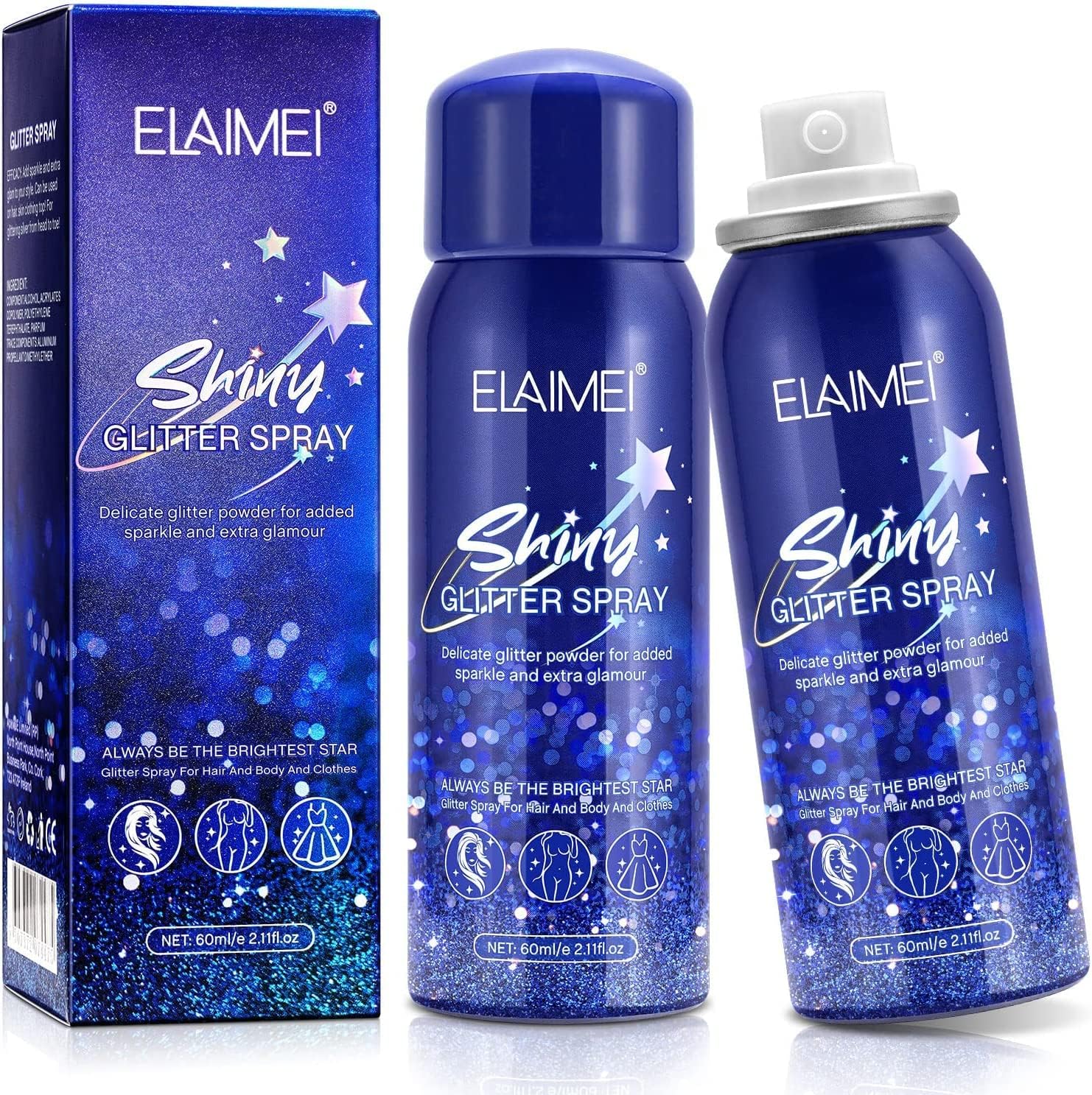 Shiny Glitter Spray,2PC 2.11fl.oz Spray for Hair and Body,Quick-Drying Waterproof Body Shimmery Spray,Glitter Prom, Festival Rave, Stage Makeup