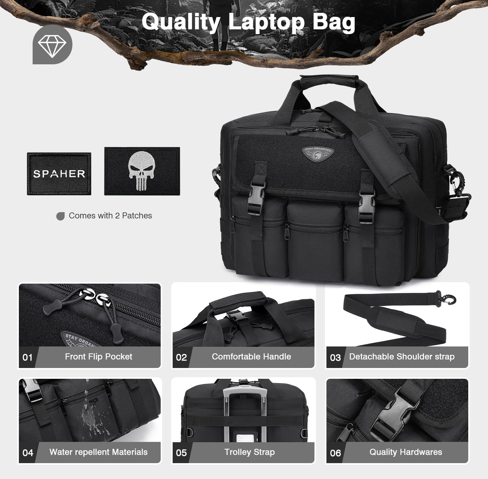 SPAHER Teczka Męska Torba na Laptopa 17,3 Cala Torba do Pracy Biznesowa Taktyczna Wodoodporny Komputer Biurowy Torba Wojskowa Męska Messenger Bag dla Mężczyzn z Regulowanym Paskiem