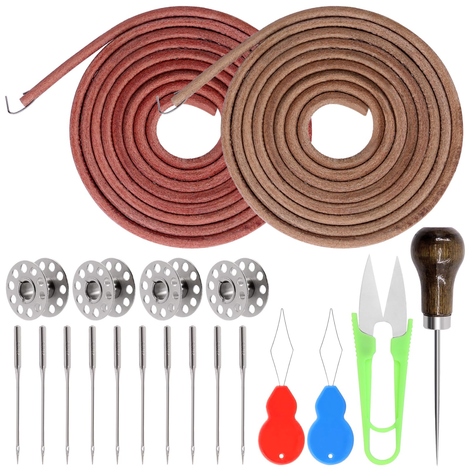 Tanstic 20Pcs Sewing Machine Belt Kit, 72 x 3/16 Inch Sewing Machine Leather Belt Treadle Parts with Hook, Sewing Bobbins
