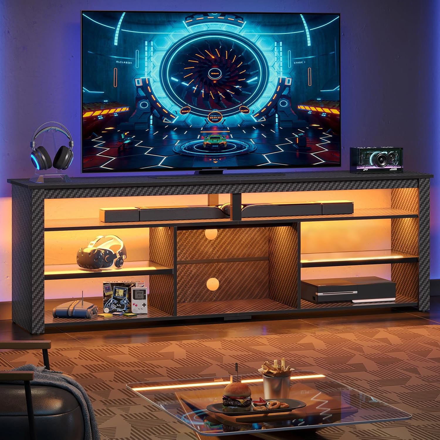 Bestier Tall TV Stand for 75 inch TV, LED Entertainment Center, Gaming TV Console with Storage for PS5, Modern TV Cabinet for Bedroom, Living Room, Black Carbon Fiber