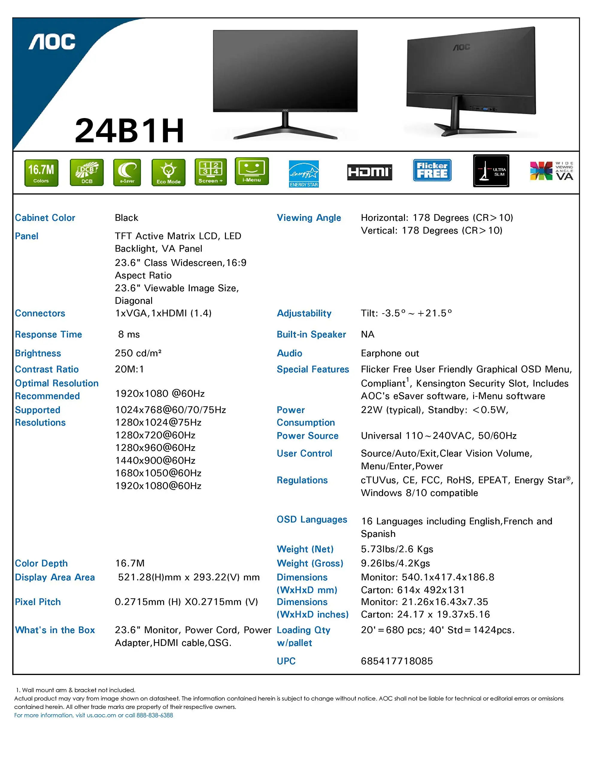 قیمت و خرید مانیتور AOC 24B1H 24 \