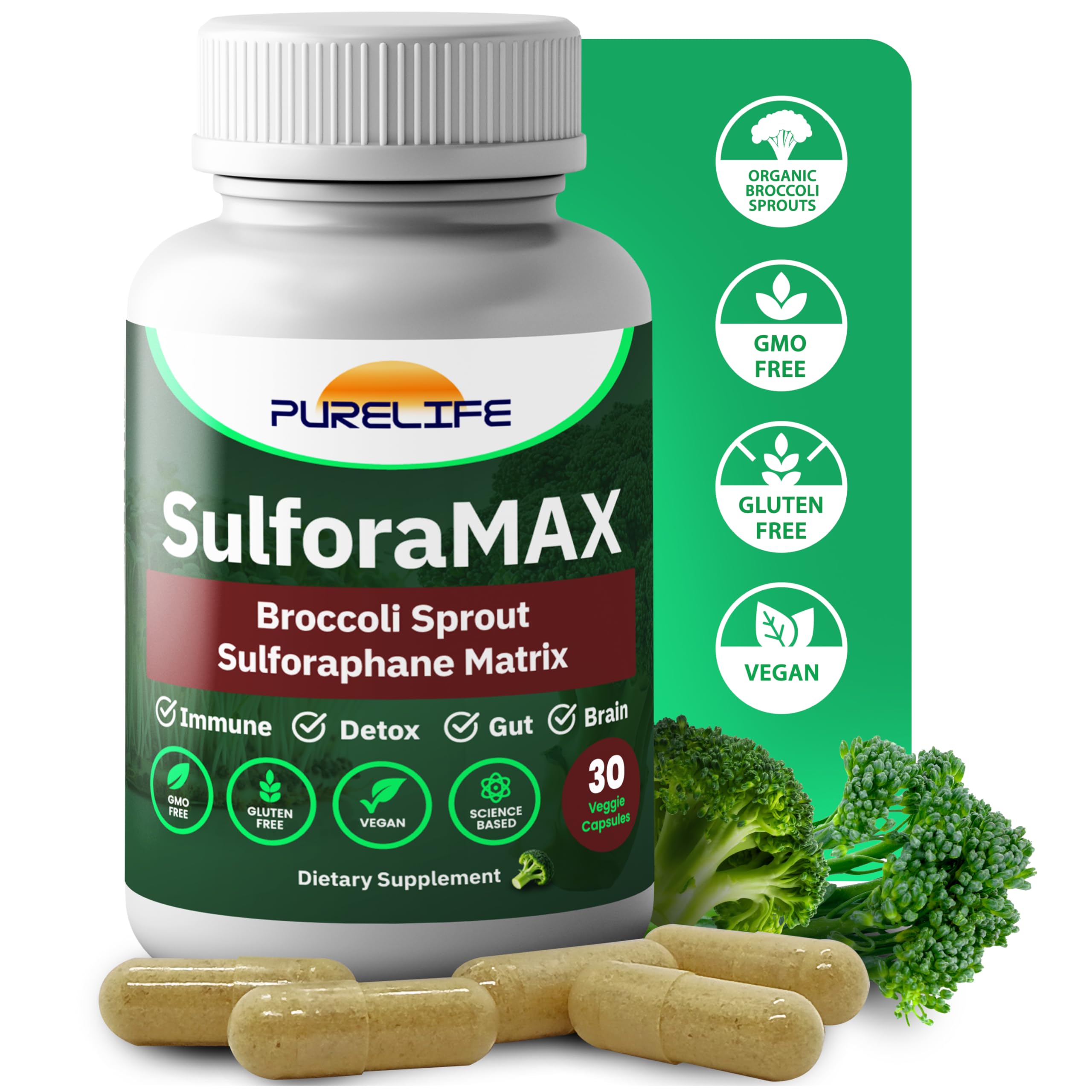 SulforaMAX (30 Capsules) - Sulforaphane Broccoli Immunity Supplement - Immune Support, Heart, Liver, Brain Health - Vegan, Vegetarian, Non-GMO, 10,000 MCG Sulforaphane