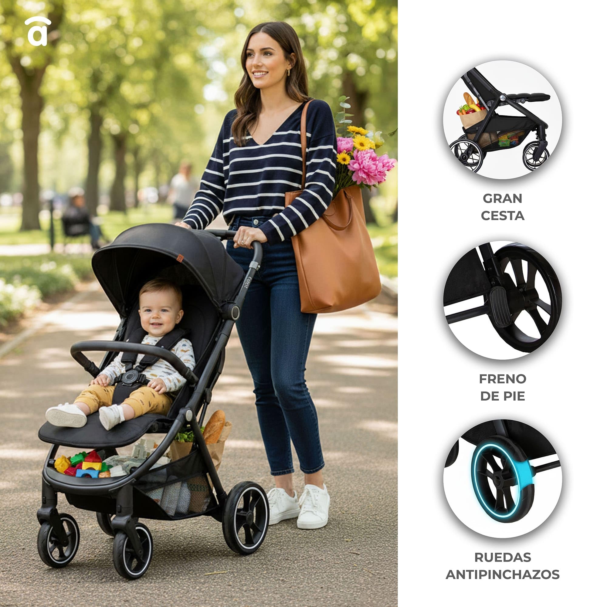 Asalvo KIBU Silla de Paseo, Carrito bebé, Carro para bebés, Confortable, Ultraligera, Segura, Capota con Ventana y Freno Trasero, Manejable, Plegado compacto, Carga Máxima 24 kg, Negro