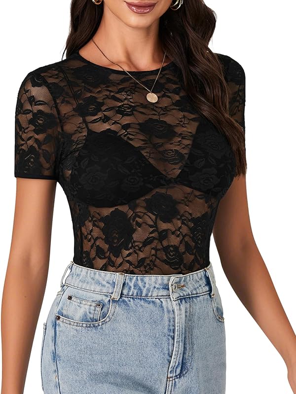Rooscier Women's Floral Lace Bodysuit Sheer Mesh Short Sleeve Crew Neck Sexy Top Without Bra Black X-Small by Rooscier - Image 4