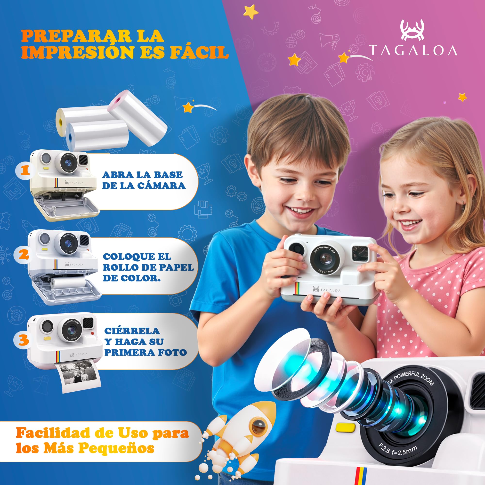 | TAGALOA® | Camara Fotos Infantil Instantaneas | 48MP con Impresión Térmica, Pantalla 2,4", Vídeo 1080P, Tarjeta SD 32GB y 3 Rollos Papel – Cámara Digital para Niños y Niñas de 3 a 12 Años (Blanco)