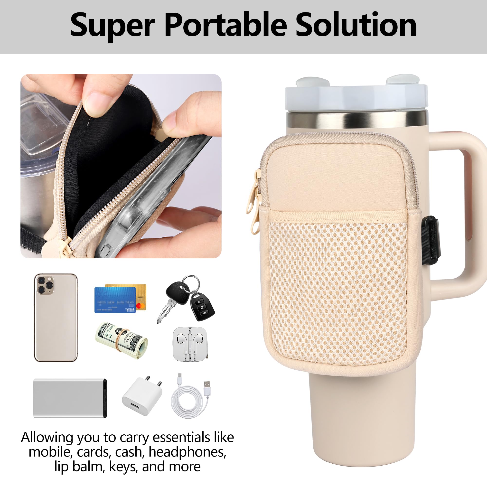 evron Water Bottle Pouch for Stanley Cup, Stanley Cup Accessories 40oz with Spacious Opening Mesh Pocket Fit for Most Mobiles,Gym Accessories Slip Proof Elastic Armband Tumbler Pouch