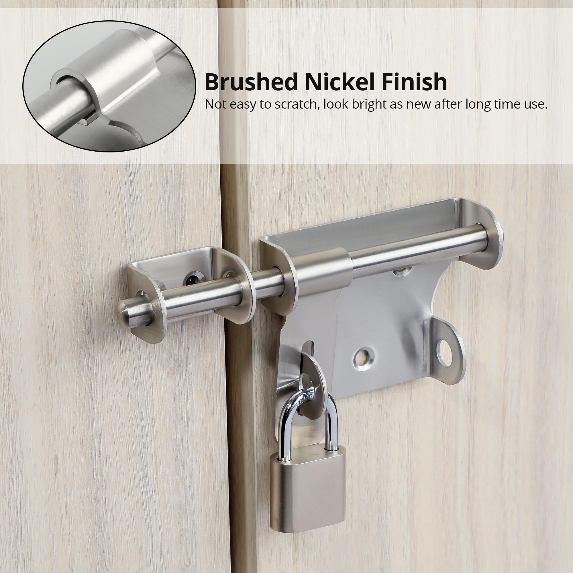 SAYAYO Gate Lock Bolt with Padlock & 4 Keys for Wooden Gates Heavy Duty Shed Locks Latch 6-Inch Stainless Steel Brushed Nickel - Image 4