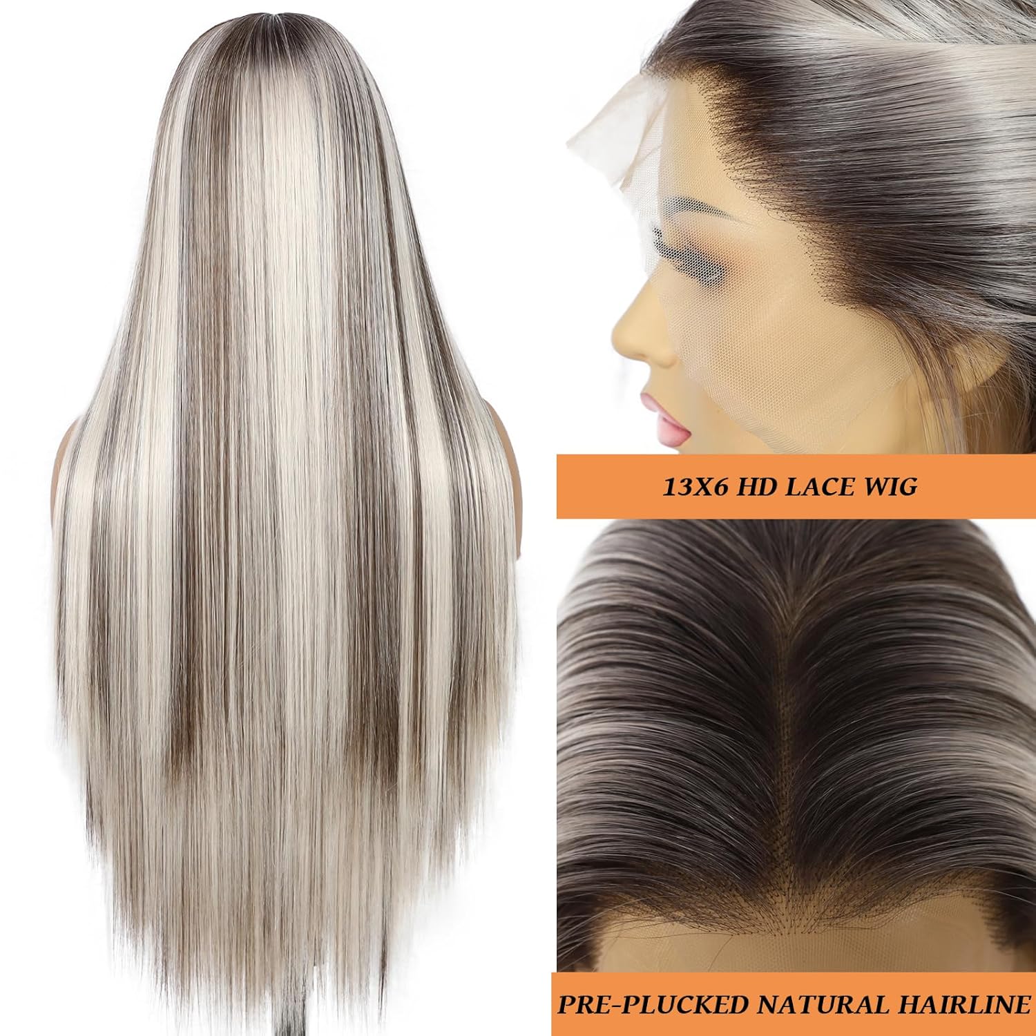 SAPPHIREWIGS Straight Synthetic Lace Front Wigs for Women Ombre Platinum Blonde Wigs with Brown Highlight Glueless 13×6 Long Silky Straight Wig Pre-plucked Hairline Daily Use 26 Inches