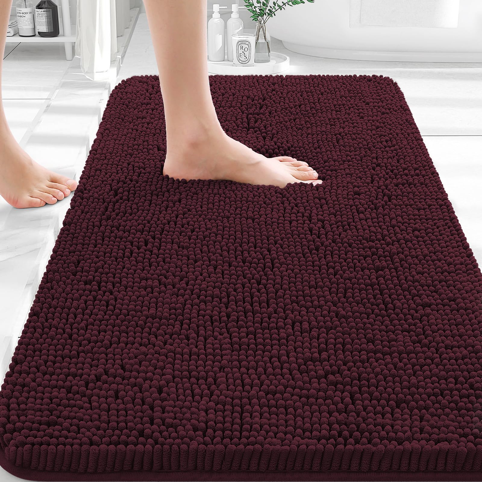 OLANLY Small Bathroom Rugs 30x18, Extra Soft Absorbent Chenille Bath Rugs | Black Cherry, Quick-Drying Rubber Backing, Washable Bath Mat for Bathroom Floor, Tub and Shower, Home Decor Accessories