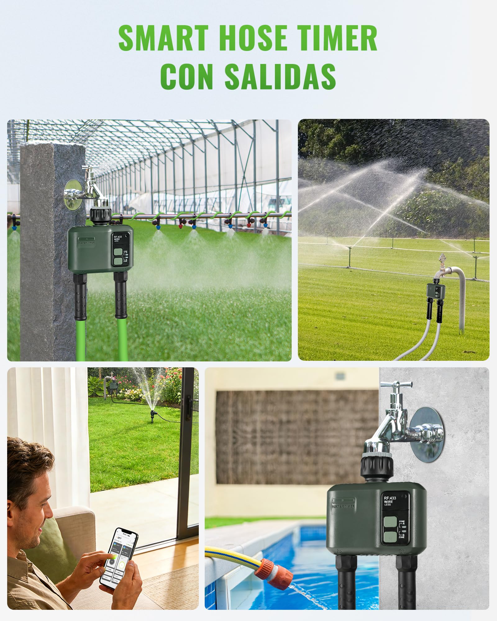 Ordenador de Riego WiFi con 2 Válvulas, Temporizador de Manguera, Programador de Aspersores, Riego Inteligente, Modo Automático y Manual, para Jardín, Césped, Terraza, Verde Oscuro ZD32WTD06